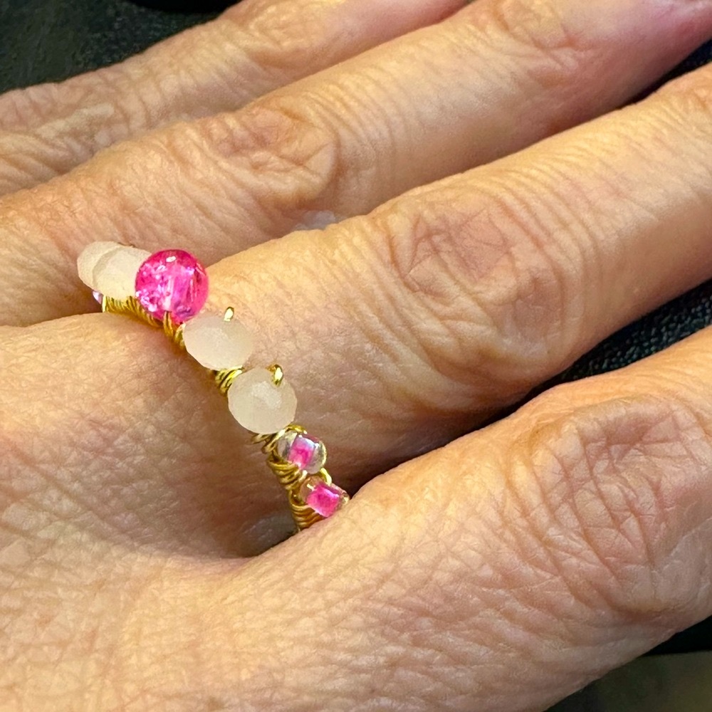 Pink and Gold Beaded Ring with Delicate Design